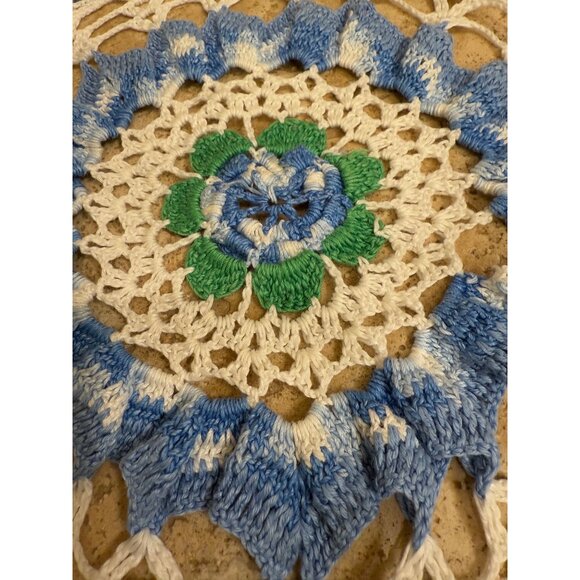 Handmade Crochet Doilies Set Of 2 With Floral Patterns In Blue/White/Green & Pur - Picture 2 of 7
